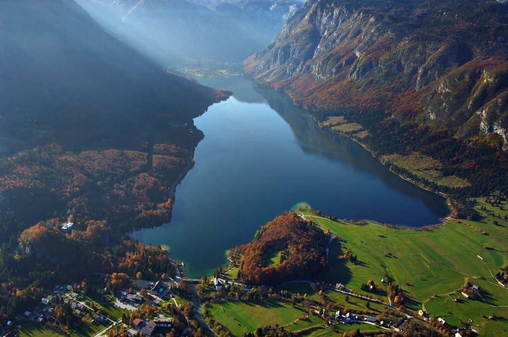 An aerial view of Lake Bohinj in northwestern Slovenia