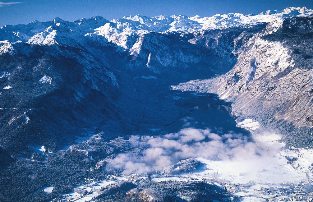 An aerial view of Lake Bohinj in northwestern Slovenia in winter