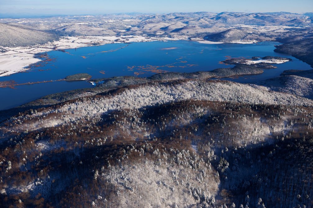 An aerial view of Lake Cerknica, an intermittent lake in southwestern Slovenia