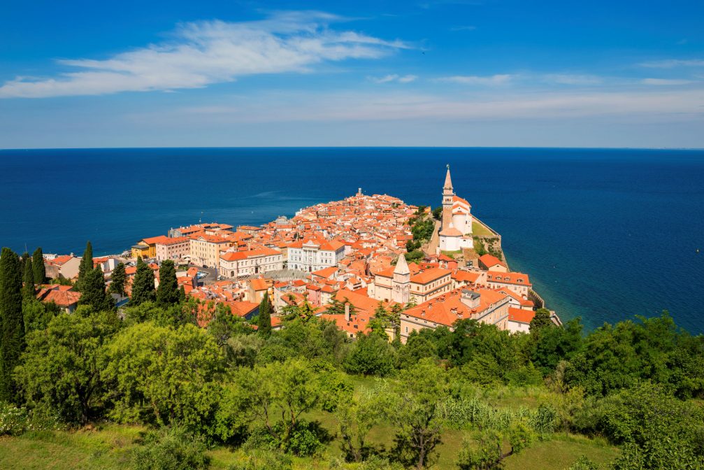 An elevated view of the coastal town of Piran, Slovenia