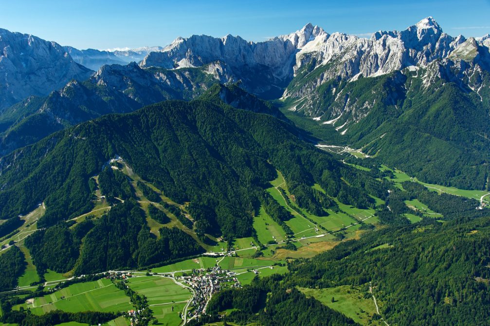 An aerial view of the picturesque alpine village of Podkoren, Slovenia