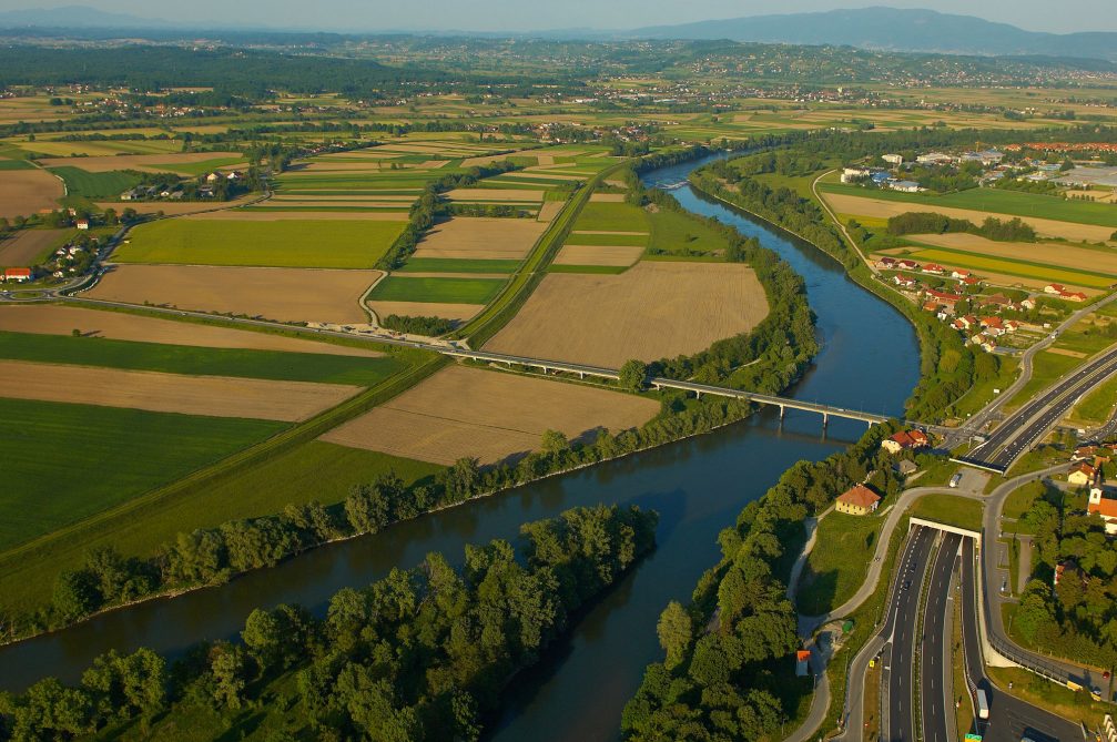 An aerial view of the confluence of the Sava and Krka rivers