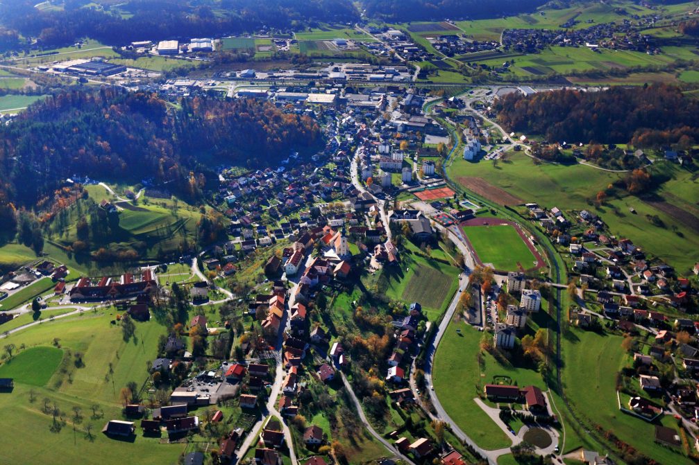 An aerial view of the town of Sentjur in eastern Slovenia