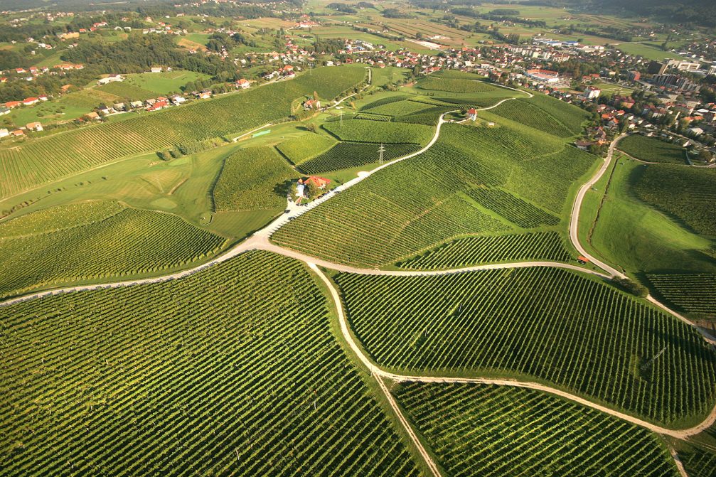 An aerial view of the vineyards at the Skalce village in Slovenia