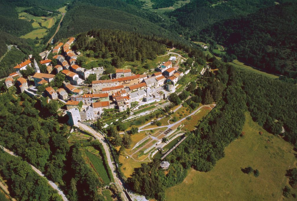 An aerial view of the picturesque village of Stanjel in the Karst Region of southwestern Slovenia