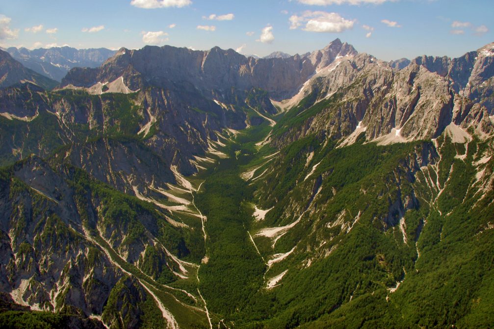 An aerial view of the Tamar valley in the far northwestern corner of Slovenia