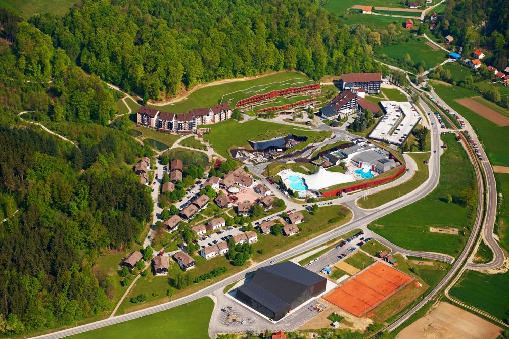 An aerial view of the Terme Olimia thermal spa in Podcetrtek, Slovenia