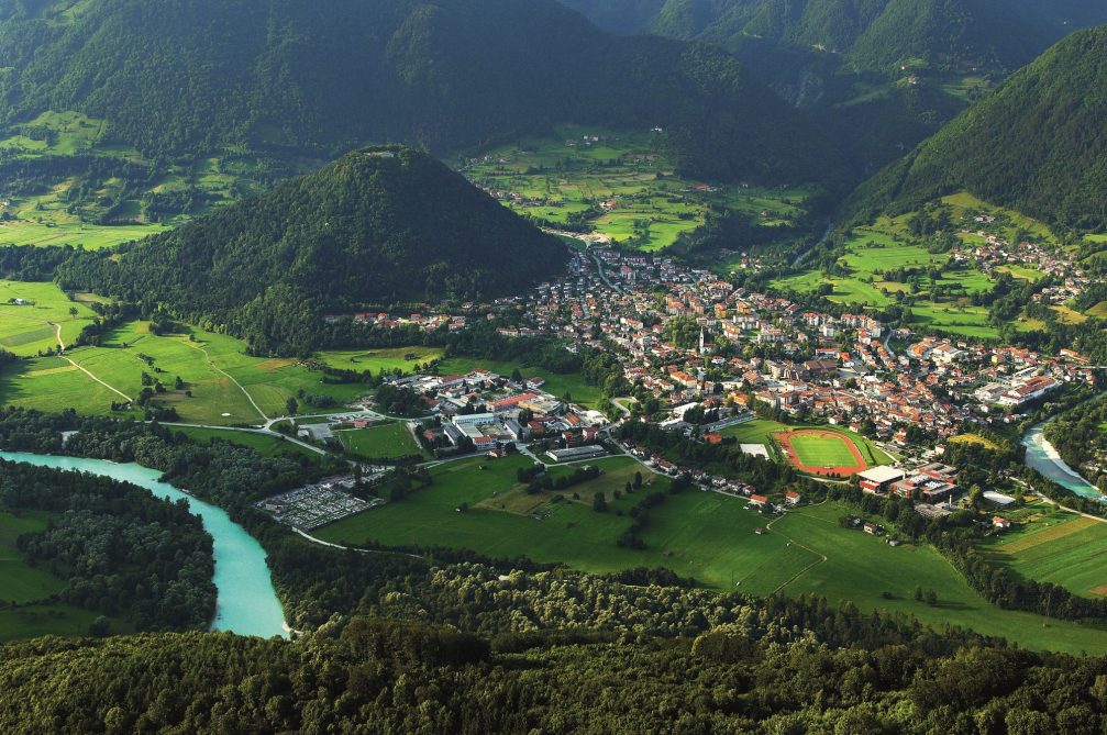 An aerial view of the town of Tolmin and the Soca river in Slovenia