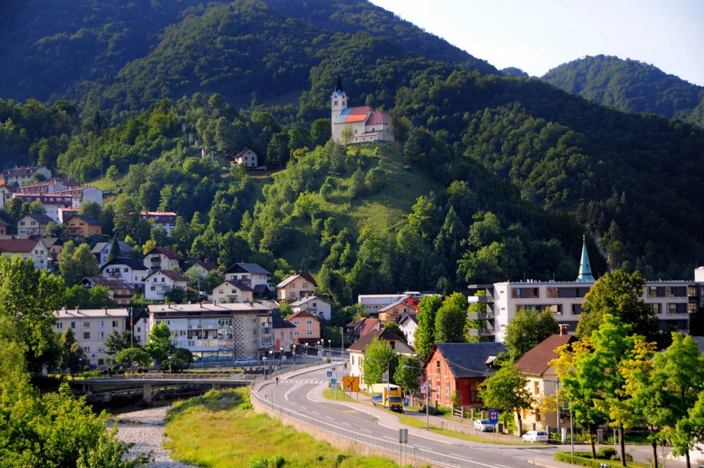 The 17th-century church of St. Anthony of Padua above the town of Idrija in western Slovenia