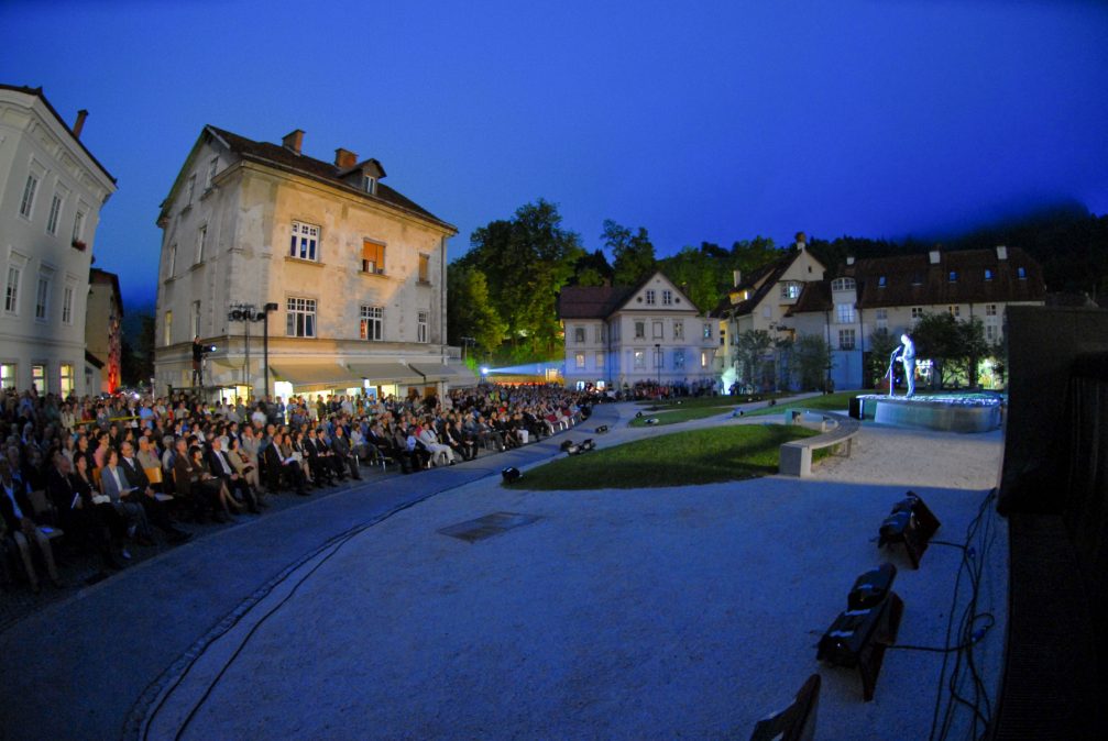 The Mestni Trg square in Idrija, Slovenia at night