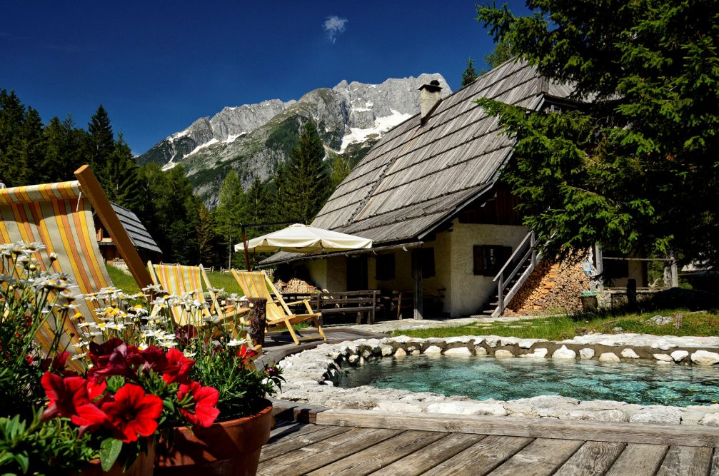 Outdoor pool at the Kekceva Domacija tourist farm in the Trenta Valley, Slovenia