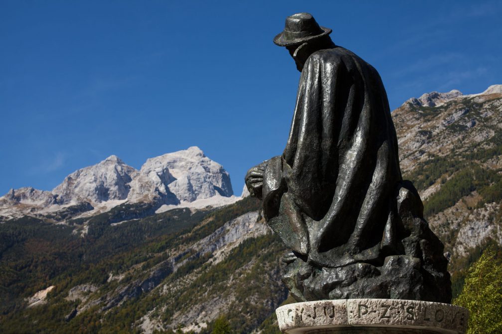 The statue of Julius Kugy in the Trenta Valley gazing towards Mt. Jalovec in the Julian Alps 