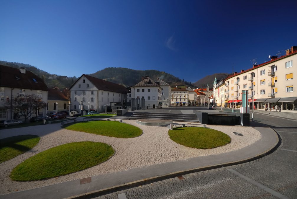 The large Mestni Trg Square in Idrija in western Slovenia