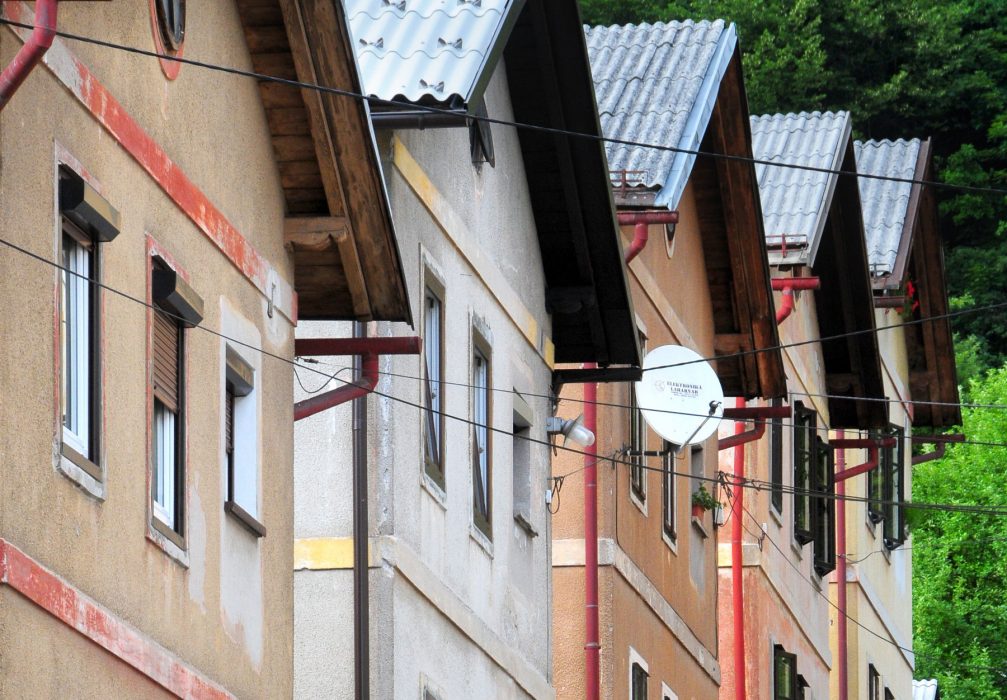 View of picturesque houses in the Rudarska Ulica street in Idrija, Slovenia