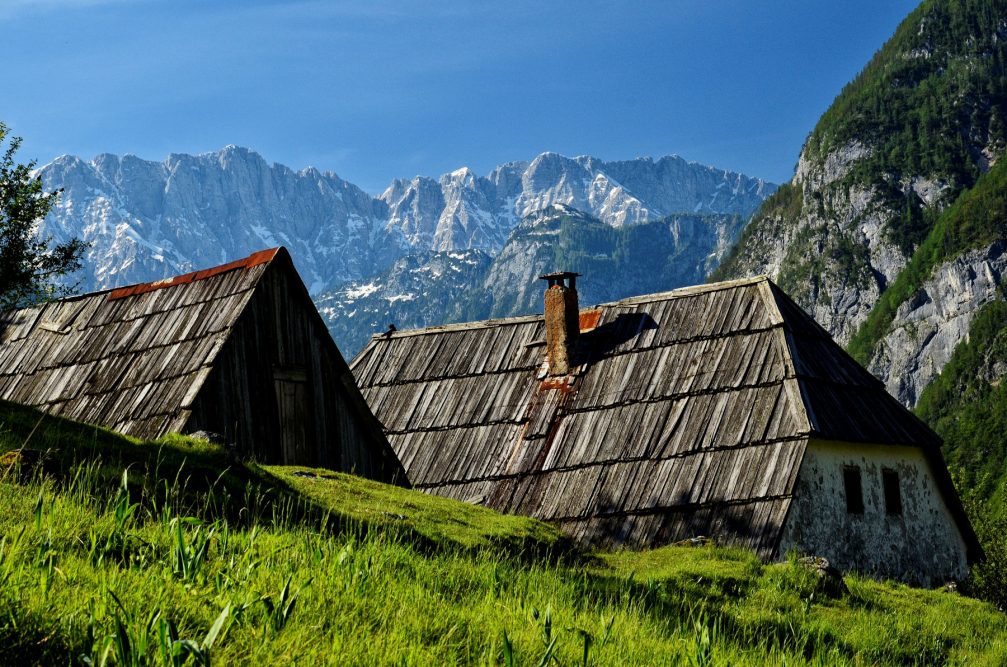 The typical Trenta house with wooden roof covering, made of split larch or pine shingle