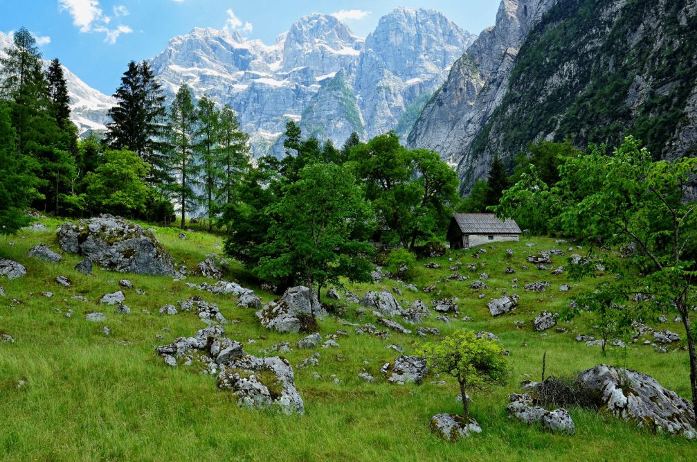 Trenta Valley with high mountains of the Julian Alps in the background