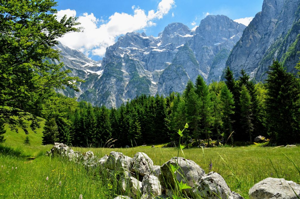 A view of the Julian Alps from the Trenta Valley in the Triglav National Park in Slovenia