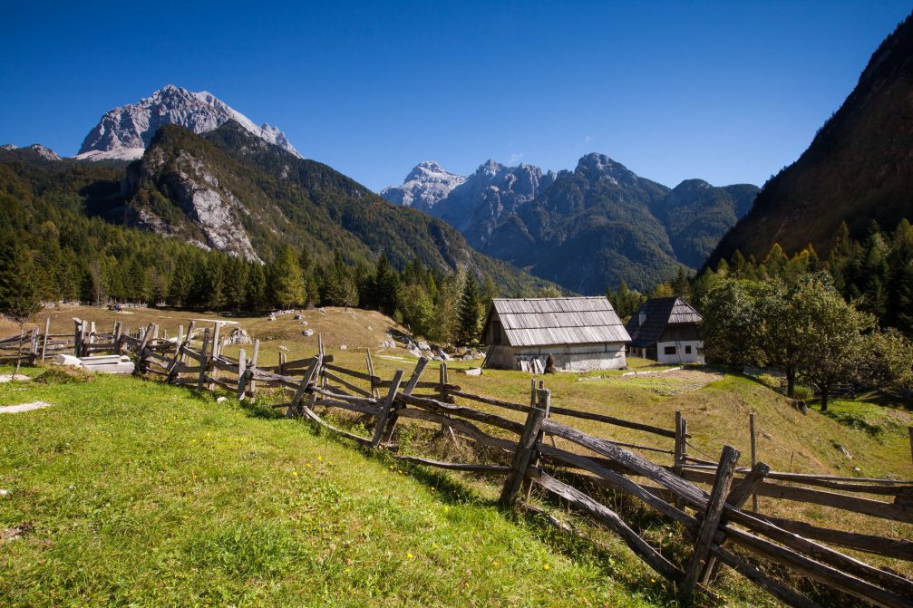 A traditional wooden fence in the Trenta Valley in Slovenia