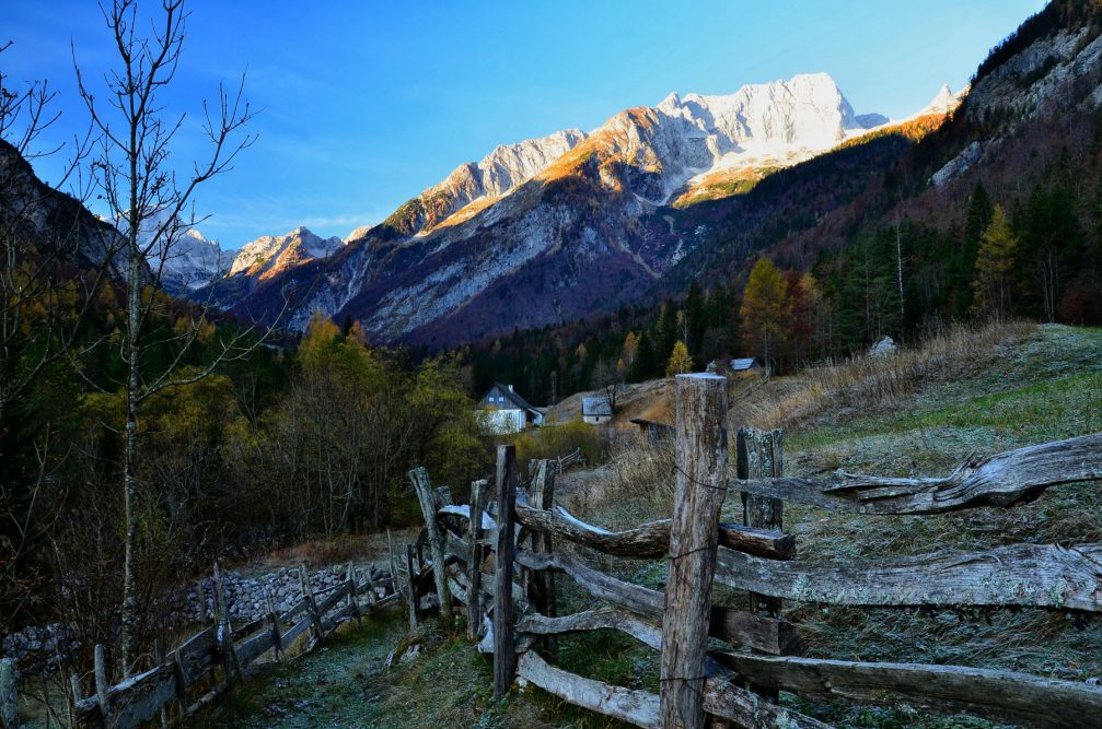 A typical old wooden fence in the Trenta Valley in the Triglav National Park in Slovenia