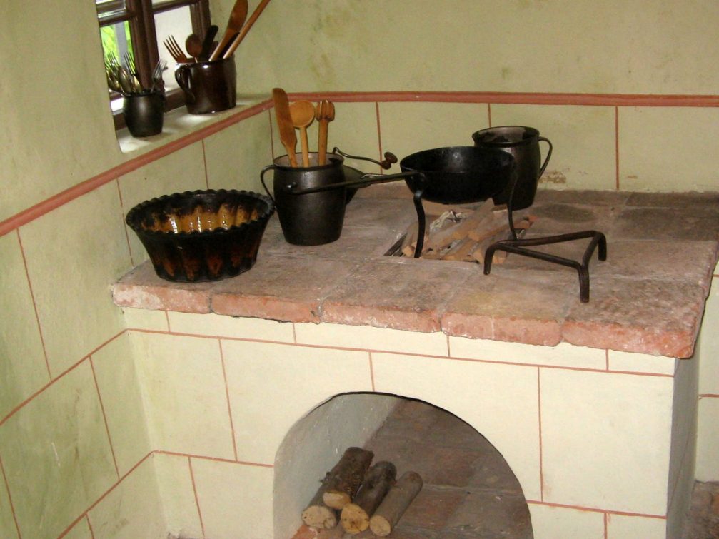 A fireplace on display inside the Miner's House In Idrija, Slovenia