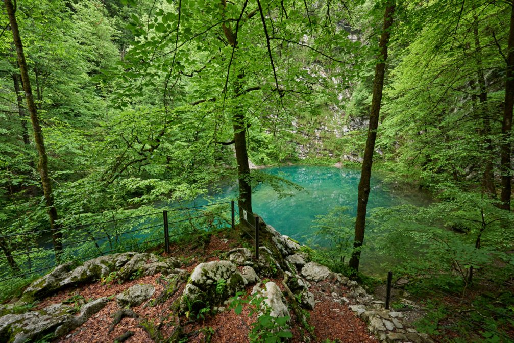 An elevated view of the Wild Lake in the Idrija area of Slovenia