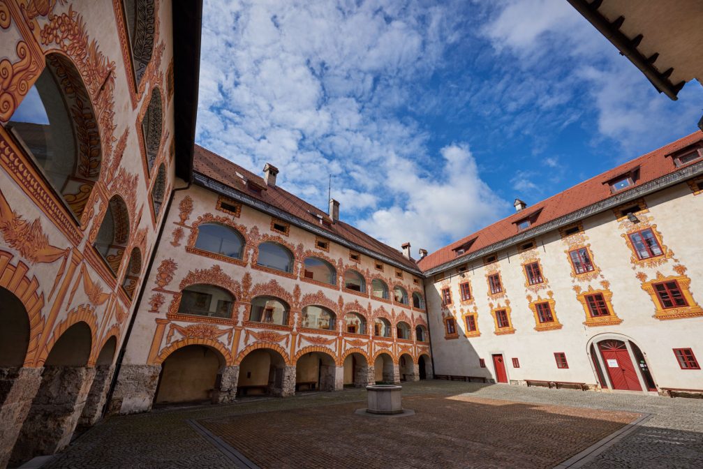 The beautiful arcaded courtyard of the Gewerkenegg Castle in the town of Idrija, Slovenia