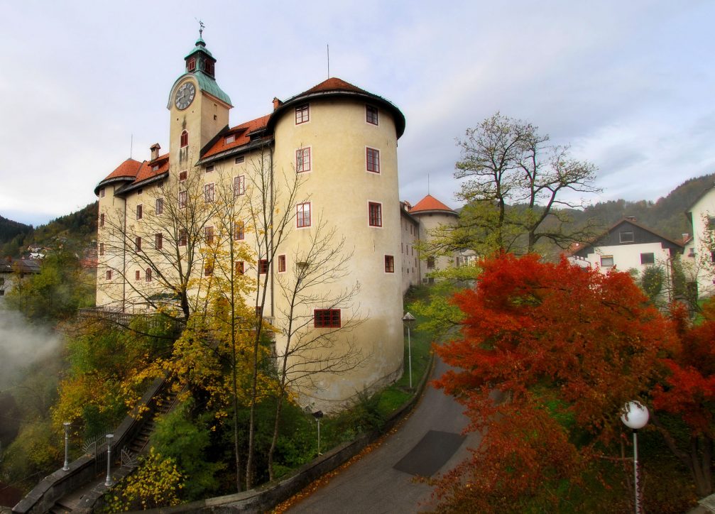 Exterior of the Gewerkenegg Castle in Idrija in the autumn