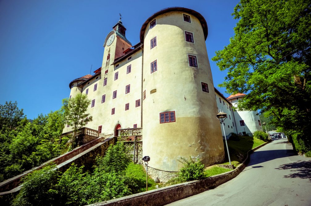 Exterior of the Gewerkenegg Castle in Idrija, Slovenia