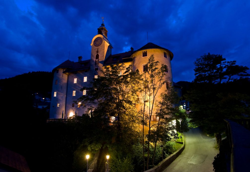 Exterior of the Gewerkenegg Castle in Idrija at night