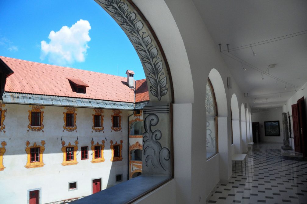 A view of the courtyard from inside the Gewerkenegg Castle in Idrija, Slovenia