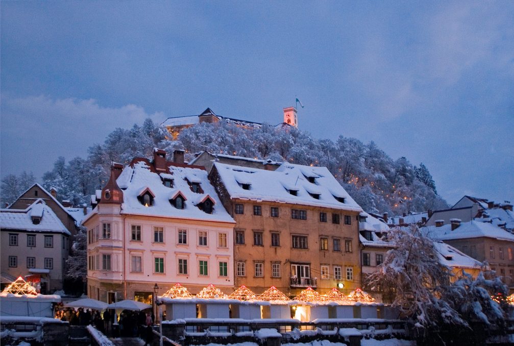 Ljubljana, the capital of Slovenia during festive season in the winter time with a cover of snow