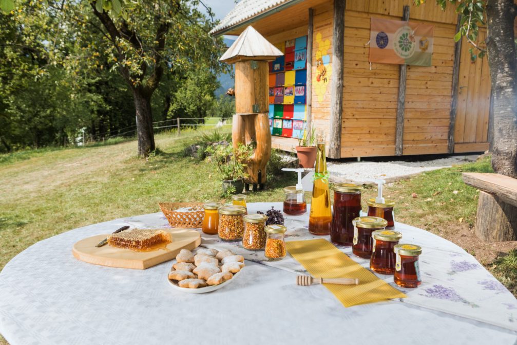 Bee products in front of a Slovenian beehive in Bohinj, Slovenia