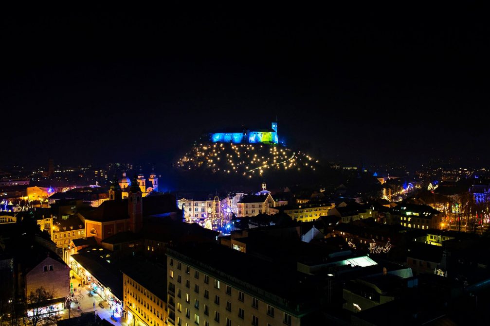 An elevated view of Ljubljana from the Neboticnik skyscraper at Christmas time