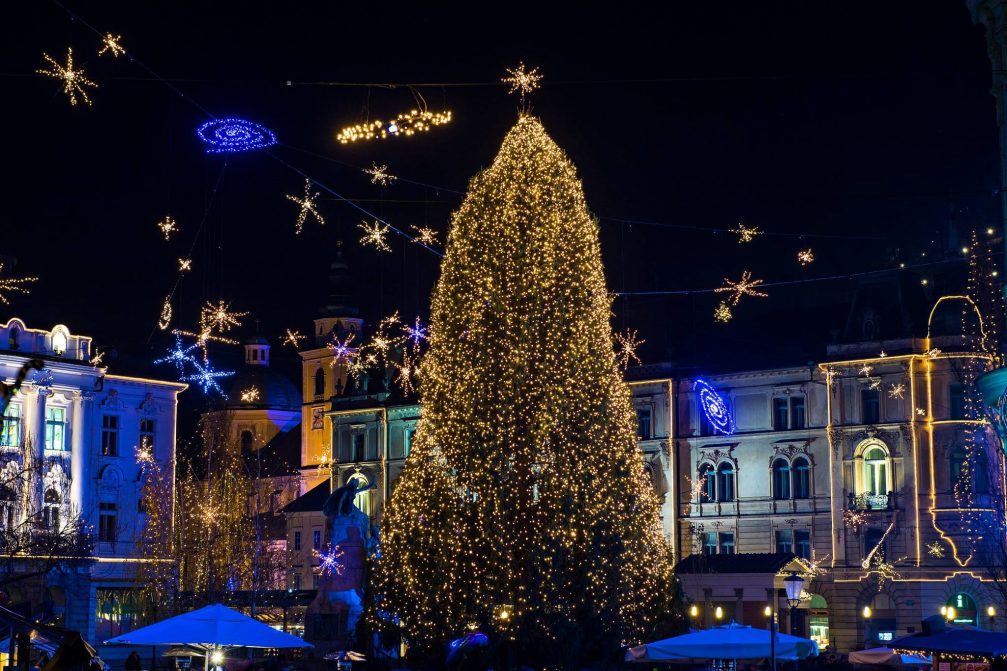 A Christmas tree standing on the Preseren Square in the Ljubljana Old Town centre