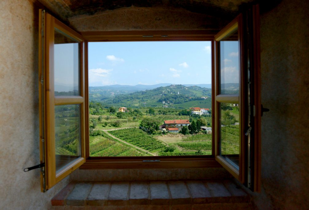 A view of Goriska Brda in Slovenia through the window