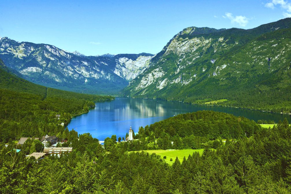 Elevated view of Lake Bohinj in Slovenia