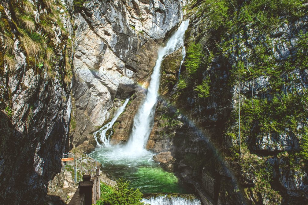 Savica Waterfall with a rainbow in the Bohinj area of Slovenia