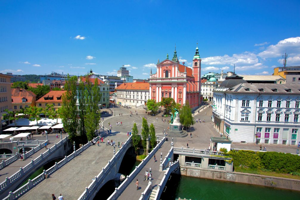 Elevated view of the Triple Bridge in Ljubljana, the capital of Slovenia