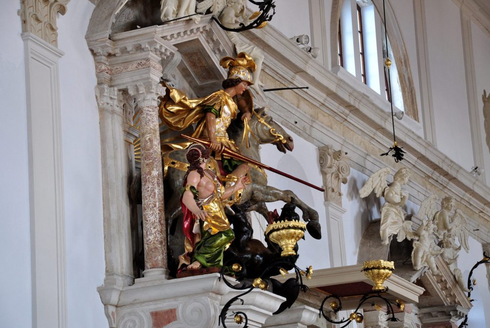 The Baroque statue of Saint George inside the Church of St. George in Piran, Slovenia