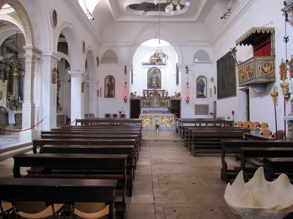 A giant clam shell for donations inside the Church of St Francis Assisi in Piran