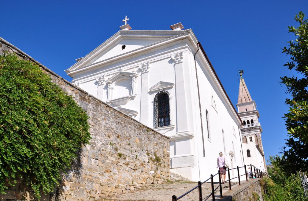 The Church of St. George in Piran with its renaissance front facade and its free-standing bell tower