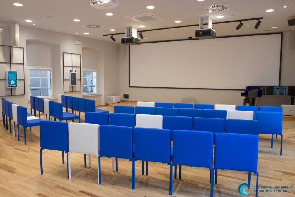 The room for events, conferences, lectures and screenings in the Mediadom Pyrhani museum In Piran