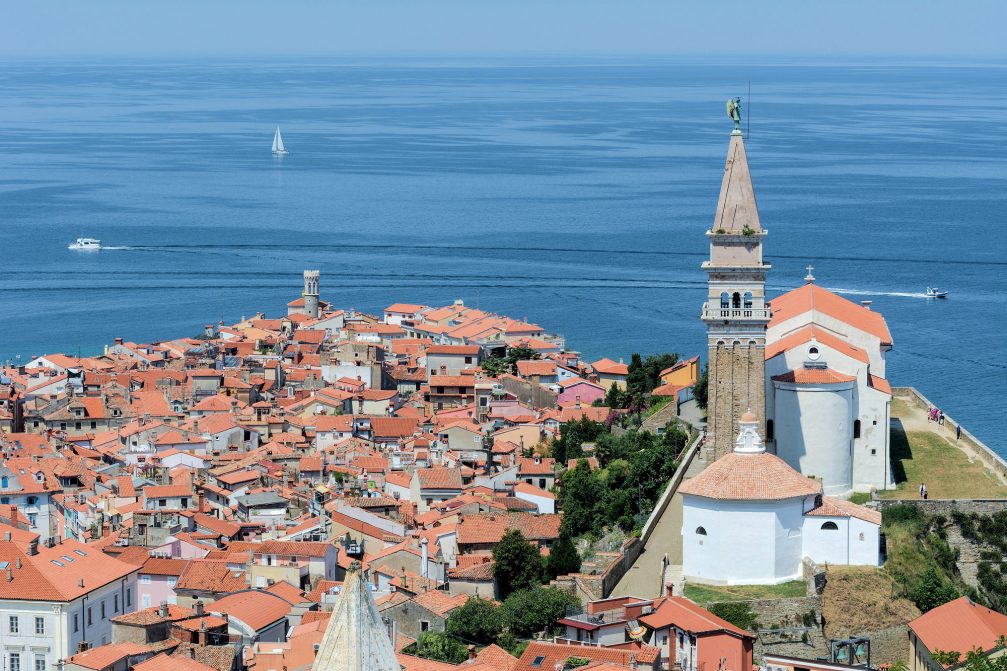 Elevated view of the town of Piran in Slovenia with the Church of St. George on the right