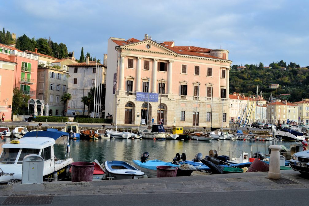 Exterior of Gabrielli Palace standing on the south-east side of the inner harbour of Piran, Slovenia