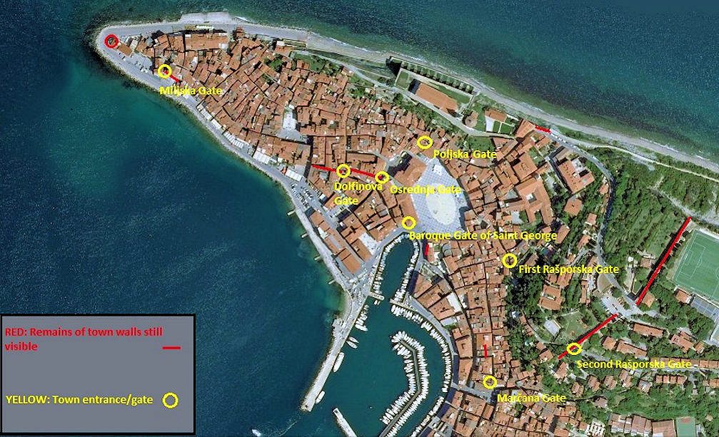 Map of the remains of Piran's Town Walls that are still visible