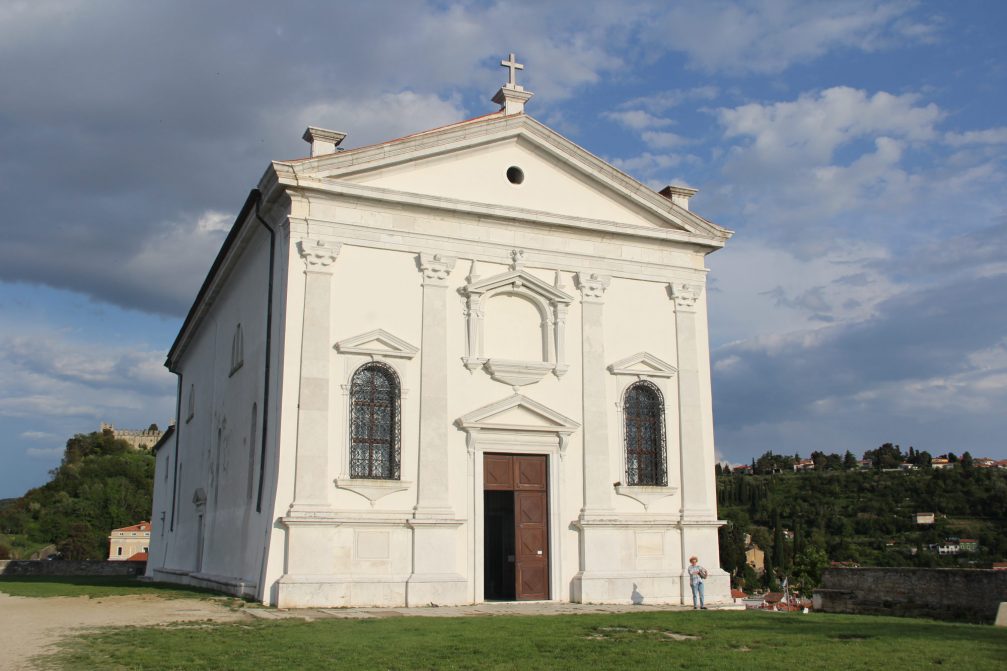 The 17th century renaissance front façade of the Church of St. George in Piran, Slovenia