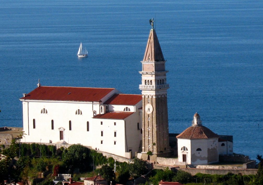 The Church of St. George in Piran with an accompanying treasury, lapidarium and bell tower