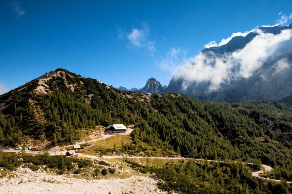 A view of the road leading through the Vrsic mountain pass in Slovenia