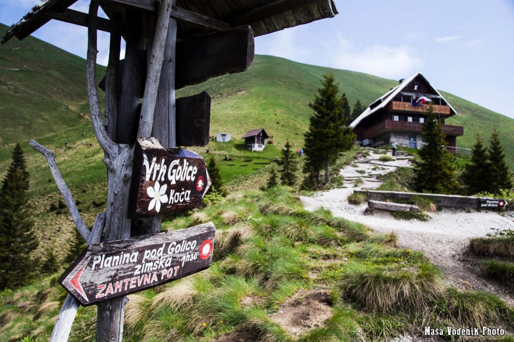 Exterior of the Koca Na Golici mountain hut at an elevation of 1,582 meters in northern Slovenia