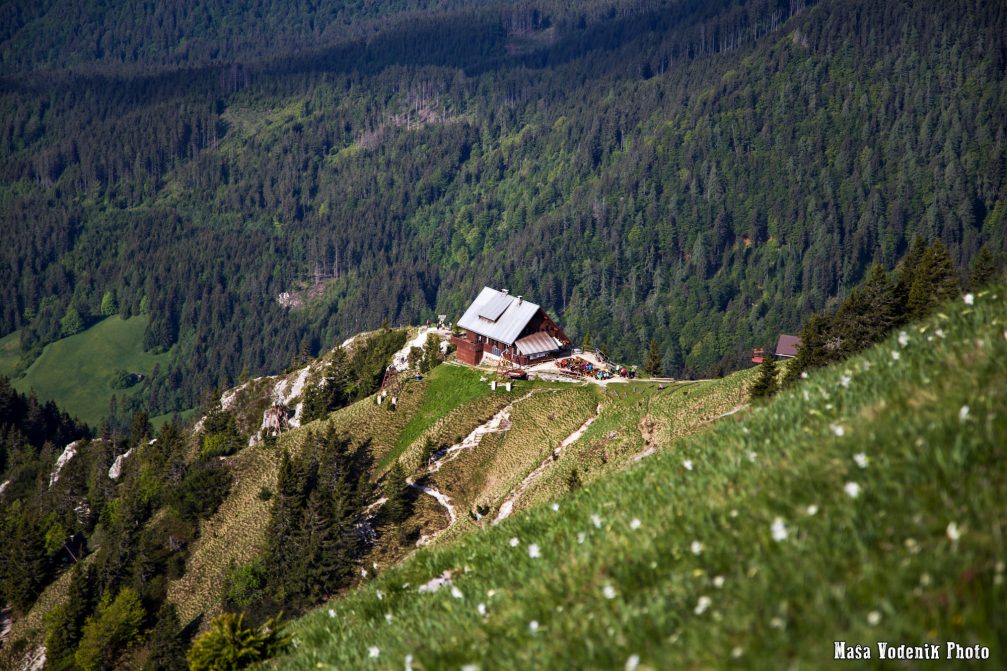 Elevated view of the Koca Na Golici mountain hut in northern Slovenia